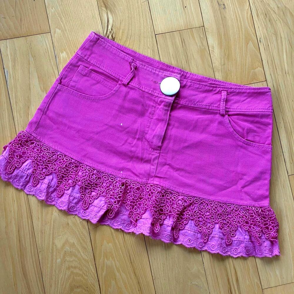 Y2K Euro Made in Italy Hot Pink Layered Lace & Eyelet Fairy Mini Skirt - K2 - M